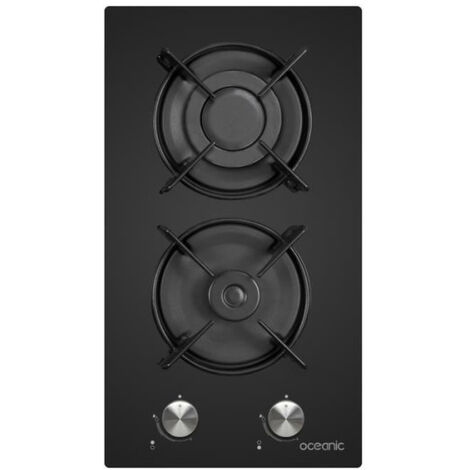 Oceanic – Plaque de cuisson gaz 2 foyers – Surface en verre trempé noir – Allumage électronique – Dimensions 29x52cm