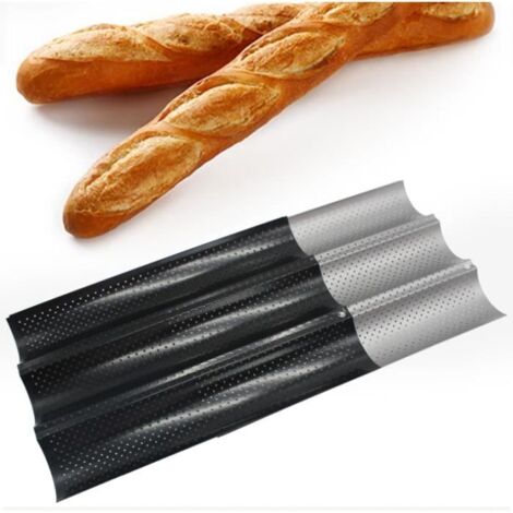 Plaque de Cuisson perforée Moule à 3 Baguettes et Biscuits Anti-Adhésif de Cuisson pour biscuits et Pain, Noir, 3824.52.4cm