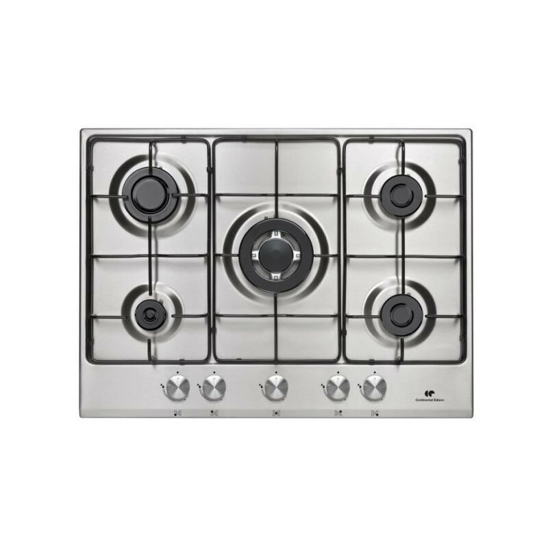 Continental Edison – Plaque de cuisson gaz 5 foyers – 1 triple couronne inox – Dimensions 70x51,5cm – Allumage automatique – Surface acier inoxydable Continental Edison – Plaque de cuisson gaz 5 foyers – 1 triple couronne inox – Dimensions 70x51,5cm – Allumage automatique – Surface acier inoxydable