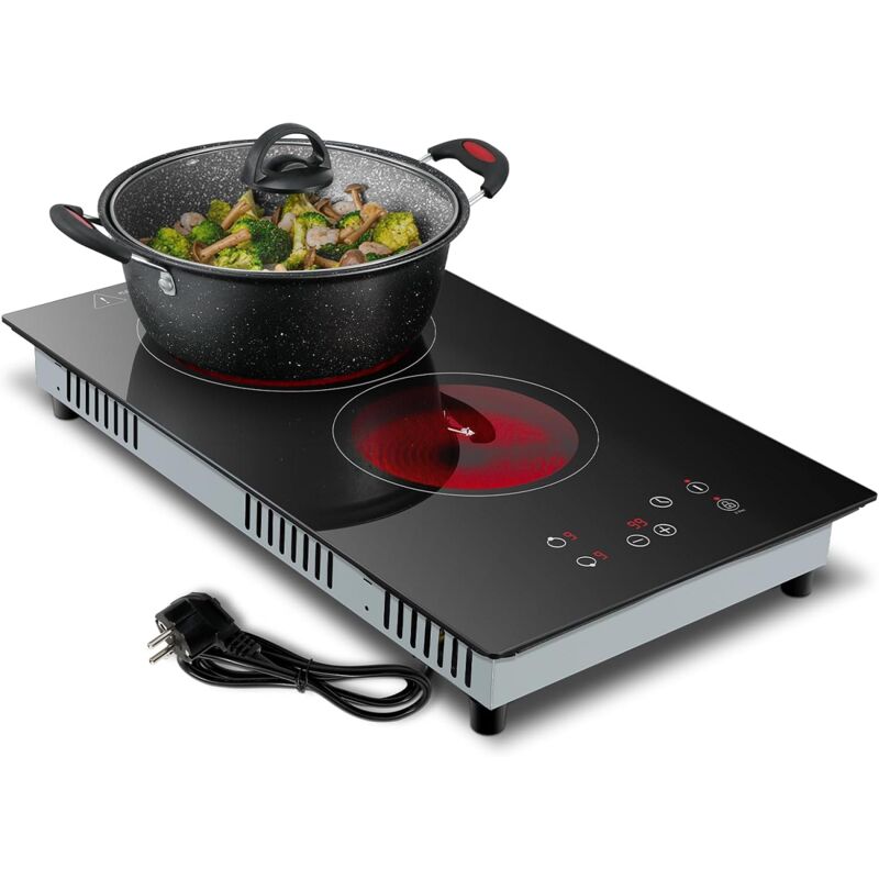 Topstrong - Plaque de cuisson vitrocéramique kichpower 2 feux, 30 cm, 3 000 w, 9 niveaux de puissance, minuterie 1 à 99 min, compatible avec tous les