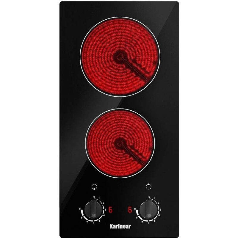 Plaque de Cuisson Vitrocéramique Karinear 30 cm Plaque Vitrocéramique 2 foyer, Table de Cuisson Electrique sans Prise, Verre Mat, 3000W, Noir