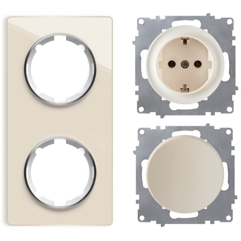 Plaque de finition 2 postes Garda, vertical + 1 Interrupteur simple allumage + 1 Prise avec terre - beige