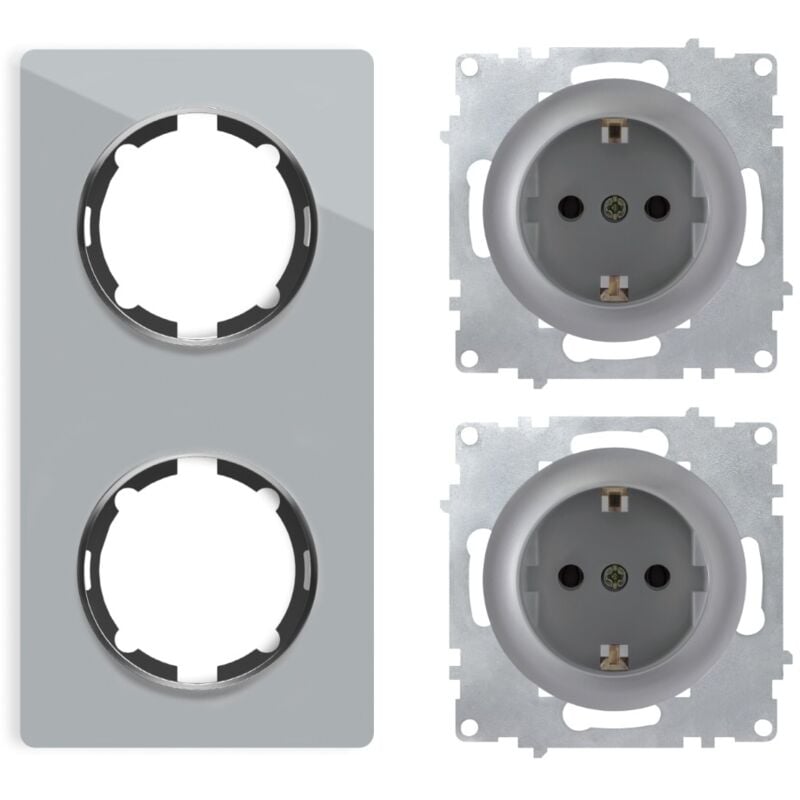 Plaque de finition 2 postes Garda, vertical + 2 Prises avec terre - gris