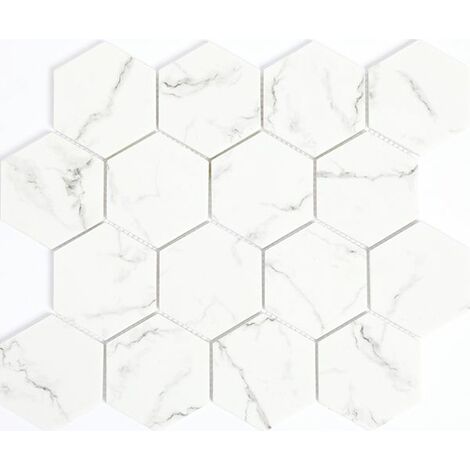 Plaque de mosaique 29,8 CM x 25,9 CM en verre émaillé blanc mat, forme hexagone, 73 MM - Couleur : blanc mat imitation marbre - BLANC MAT IMITATION MARBRE