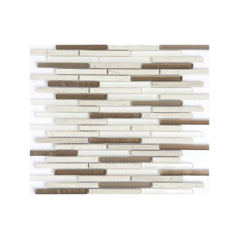 Plaque de mosaique 30 cm x 30 cm en pierre et verre, forme barrettes, 10*98 mm - Couleur: melange Milano: marbre Wooden white, blanc, marron