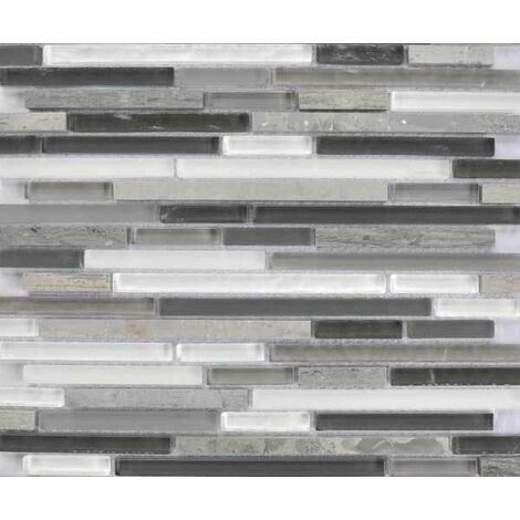 Plaque de mosaique 30 CM x 30 CM en pierre et verre, forme barrettes, taille multiple - Couleur: melange 2: gris, blanc - MELANGE 2: BLANC, GRIS