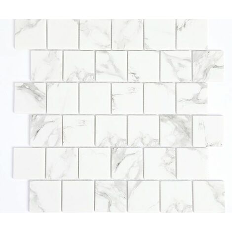 Plaque de mosaique 30 CM x 30 CM en verre émaillé blanc mat, forme carré, 48*48 MM - Couleur : blanc mat imitation marbre - BLANC MAT IMITATION MARBRE