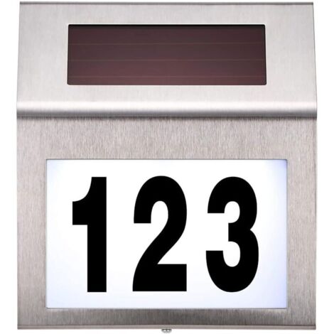 Plaque de numéro de maison en acier inoxydable avec énergie solaire, à l'épreuve de l'eau pour maison