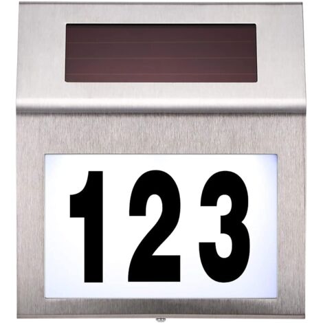 Plaque de numéro de maison en acier inoxydable avec énergie solaire, à l'épreuve de l'eau pour maison
