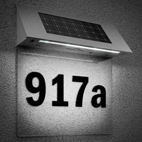 Plaque de numéro de porte solaire, acier inoxydable, éclairage LED, 4 lumières, applique murale extérieure, disponible en plusieurs couleurs.
