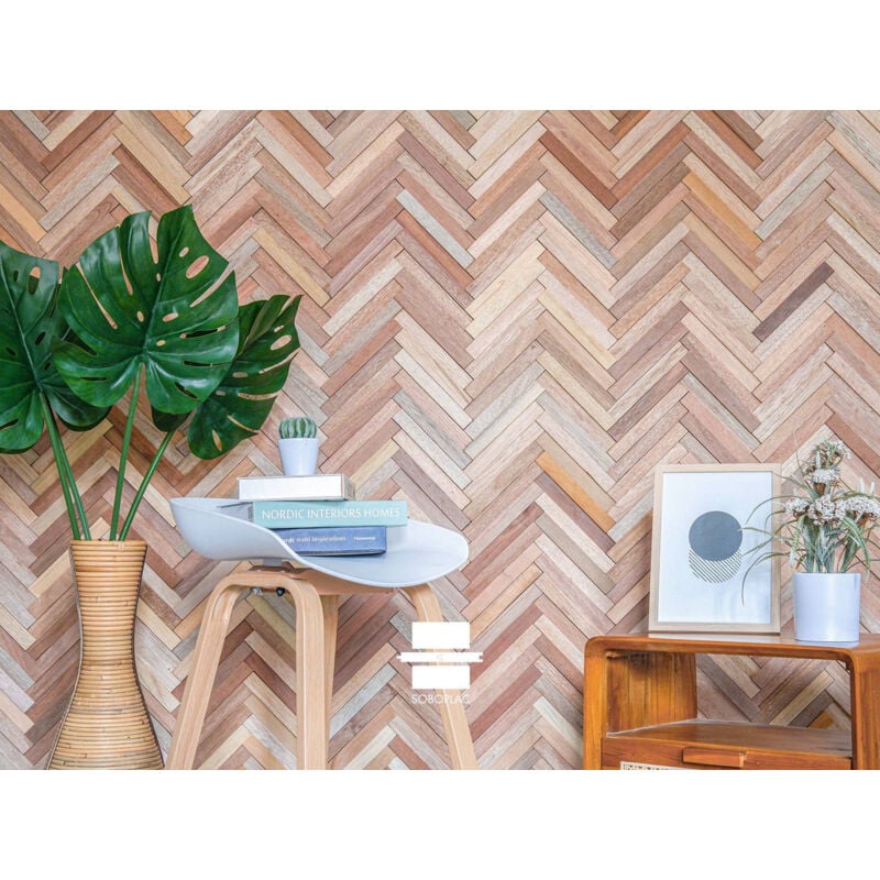 Plaque de parement mur en bois murmure meranti spina baton rompu - SP120 rustic industriel a coller 360x360 mm