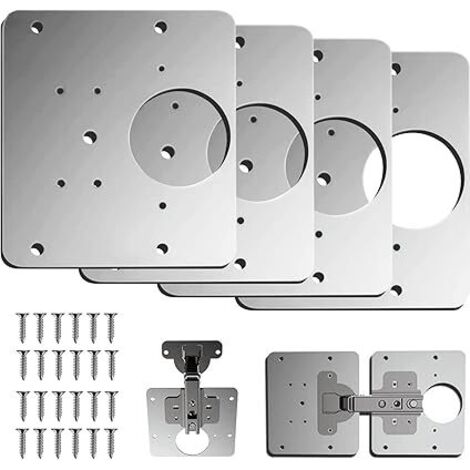 Plaque de réparation de charnière d'armoire, 9x9cm clips de réparation de charnière à visser avec trou, inoxydable avec vis de montage pour meubles en bois, cuisine, placard (4)