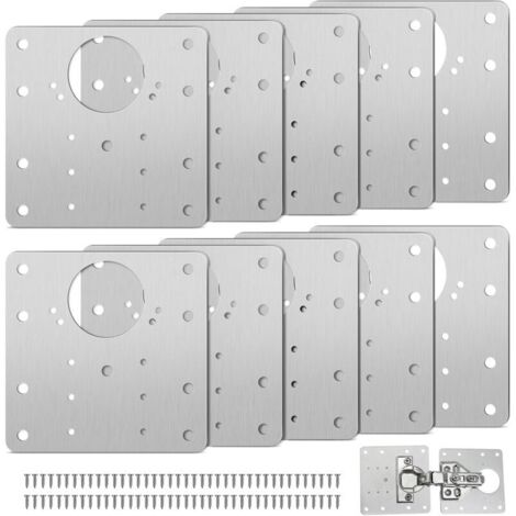 Plaque de Réparation de Charnière D'armoire avec Trou, 10 Pièces Supports de Réparation Plaques Installation Facile avec 60 Vis, Kit De Réparation De Charnière pour Bois, Meubles, Étagèr