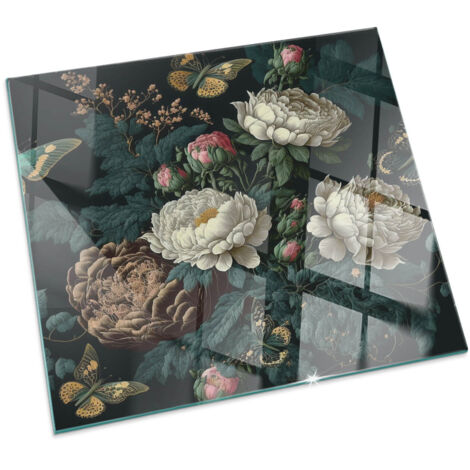 Plaque de Verre pour Cheminée Revêtement de Sol Plancher de Pare-feu Protection Contre Etincelles Motif floral avec papillons Carrée 60x60 cm