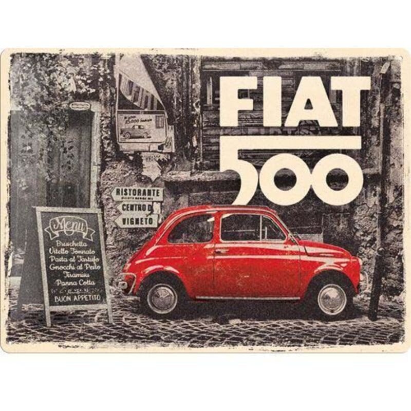 Nostalgic Art - Plaque décorative en métal en relief 40 x 30 cm Fiat 500 - Red car in the street
