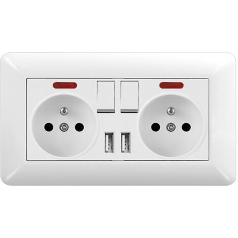 Plaque Double Prise Type 146 Interrupteurs & Double USB avec Voyants  Blanc Verre 16A 220V  Rénovation Moderne