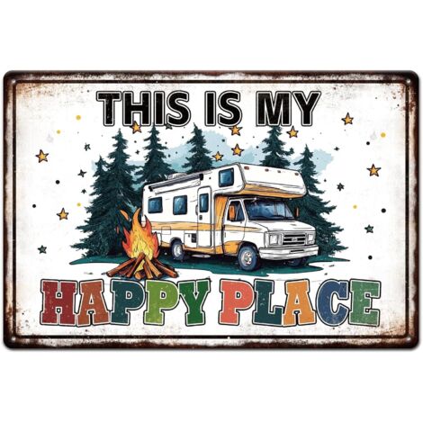 Plaque en étain métallique de camping-car et de feu de camp 20x30 cm "Happy Space" (Espace heureux), Peinture en étain vintage, Plaques, Affiche murale, Plaque pour la cabane de camping, camping-car, 