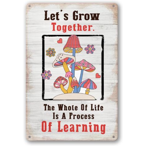 Plaque Étaine Métallique à Champignon Décoration de Maison Rétro Années 70 Slogan Hippie Groovy Champignon Plaque Étaine « Let Is Grow Together » (Coutons Grandir Ensemble) Décoration Art Mural de Cha