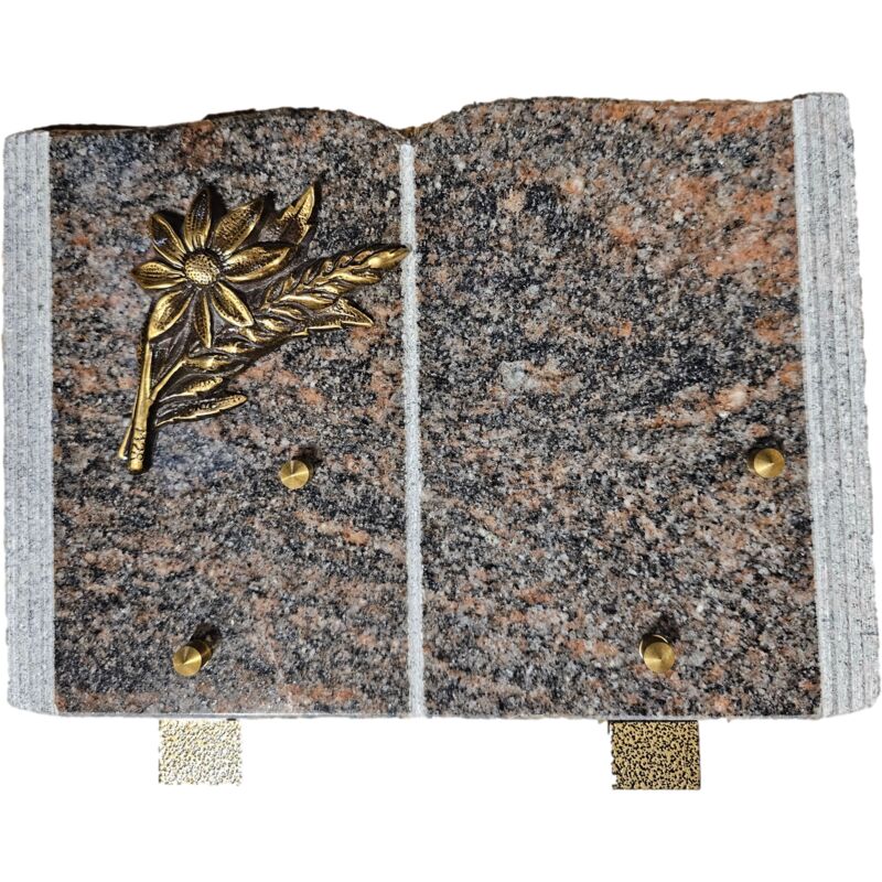 Ateliers 28 - Plaque Funéraire Livre Granit Beige Fleur 2 Emplacements