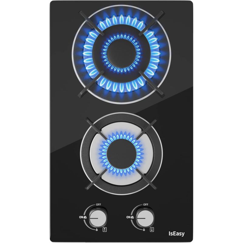 Iseasy - Plaque à Gaz 2 feux - Autosuffisante Plaque de Cuisson à Gaz Avec 2 brûleurs à gaz - Cuisinière Encastrable - Gaz Naturel/Propane (2