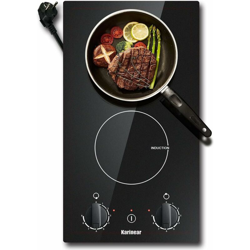Plaque Induction 2 Feux encatrable, Karinear Table de Cuisson Induction 2 Feux avec Prise, Plaque à Induction 30 cm 3500W, avec Commande par bouton