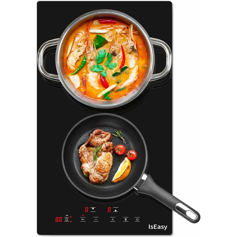 Plaque à Induction 2 Foyers 3400W, Plaque de Cuisson Induction 2 Feuxs Encastrable, 2 Boosters, Minuterie, Avec Verrou Enfants