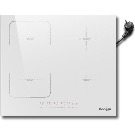 Plaque Induction 4 Feux avec Fiche, Cooksir Table de Cuisson à Induction, 60cm Encastrable, 3500Watts, 220V, 50Hz, Minuterie, Flexible Zone Combinée, 9 Niveau,16A-Prise électrique