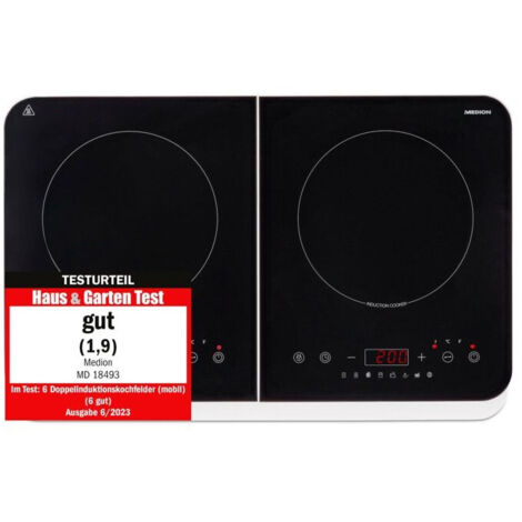 Plaque Induction Posable - MEDION MD18493 - 2 Foyers - 3500W - 60/240°C - 8 Programmes - L 59 x P 36 x H 6 cm - Blanc/Noir