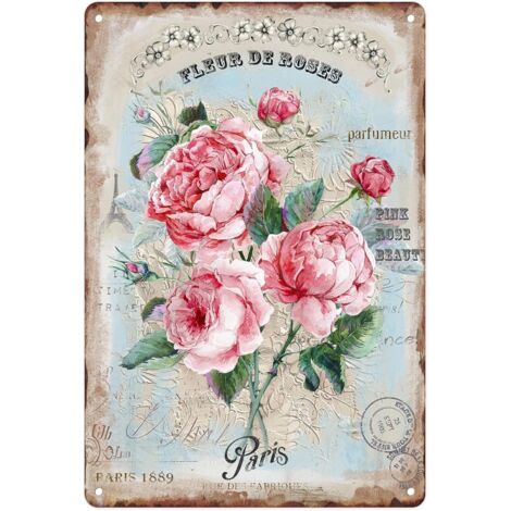 Plaque Métallique 20X30 Cm, Plaque de Fer Vintagée à Fleurs Roses Roses Roses pour Décoration Murale, Salon, Cuisine, Jardin, Chambre à Coucher, Bureau et Pub