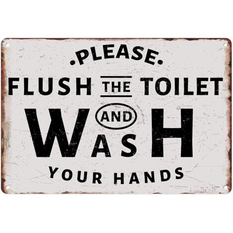 Plaque Métallique 20X30 Cm, Plaque de Fer Vintagée "Veuillez tirer la chasse et vous laver les mains" pour Décoration Murale, Maison, Salle de Bain, Toilette