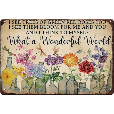 Plaque métallique libellule et fleurs « Quel merveilleux monde » – Décoration murale humoristique pour jardin