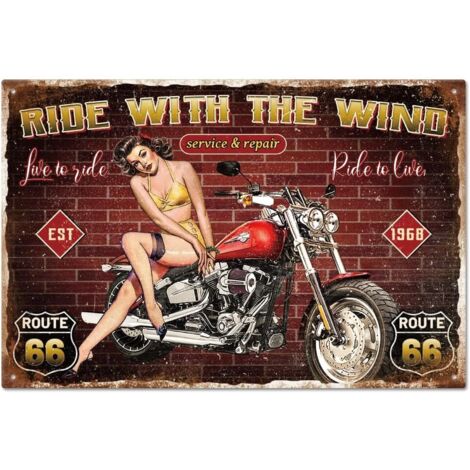 Plaque métallique "Ride With The Wind" (Vole avec le vent) de garage, moto et femme, pour les plaques de garage 30x20 cm, Plaques de jardin, Plaque d'art, Affiche, Décoration murale