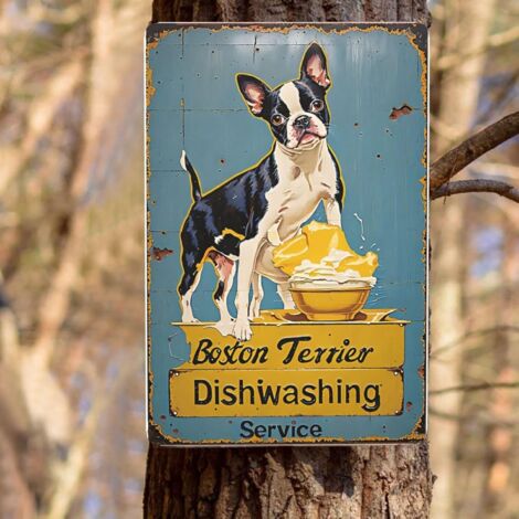 Plaque métallique vintage Boston Terrier « Service de Vaisselle » – Décoration murale rétro 20x30 cm, style rustique pour cuisine, bar et garage homme