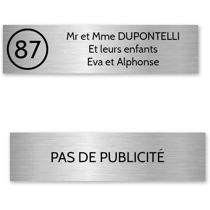 Plaque nom avec numéro + Plaque Stop Pub pour boite aux lettres format Decayeux (100x25mm) argent lettres noires - 3 lignes