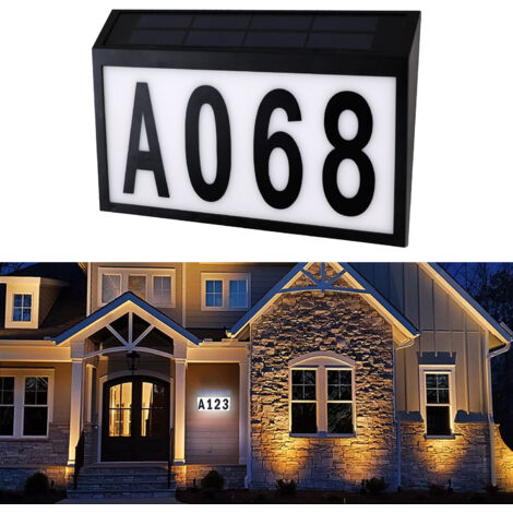 Plaque numéro de maison solaire à LED Lampe, perles de lumière blanche 6000K, Avec interrupteur crépusculaire et étanche IP44, Convient pour porte extérieure, jardin, garage   (Noir)