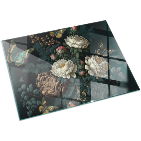 Plaque Rectangulaire décorative de protection avec impression graphique en verre trempé sous cheminée Motif floral avec papillons 60x40 cm