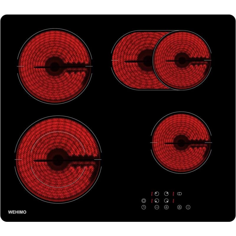 Wehimo - Plaque Table de Cuisson Vitrocéramique 4 Foyers,7200W,59cm,protection contre la surchauffe Sécurité enfants,minuteur,Convient à tous les