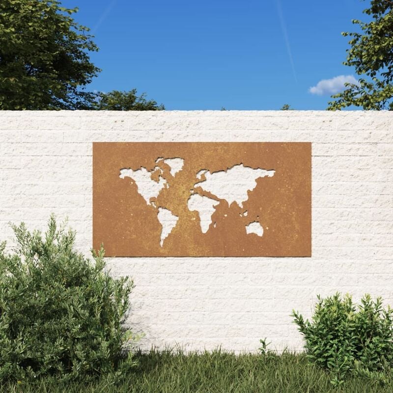 Plaque Tableau Décoration Murale Jardin 105 cm de long: Map Monde. En Corten - Rouille