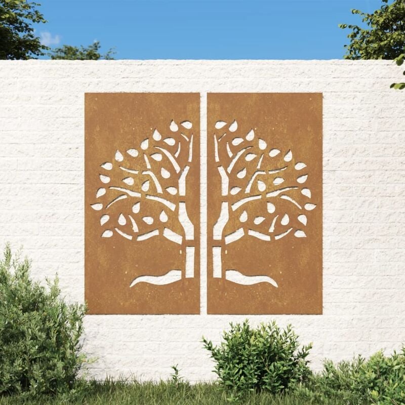 Le Poisson Qui Jardine - Plaque Tableau Décoration Murale Jardin Diptyque 105 cm de long : Arbre En Corten - Rouille