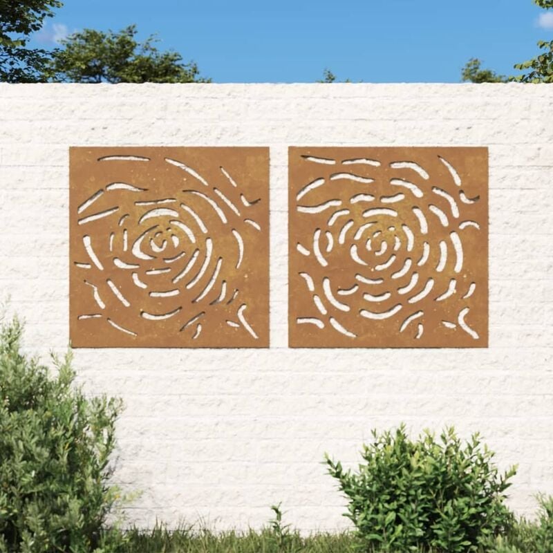 Plaque Tableau Décoration Murale Jardin Diptyque 55 cm de long : Rose En Corten - Rouille