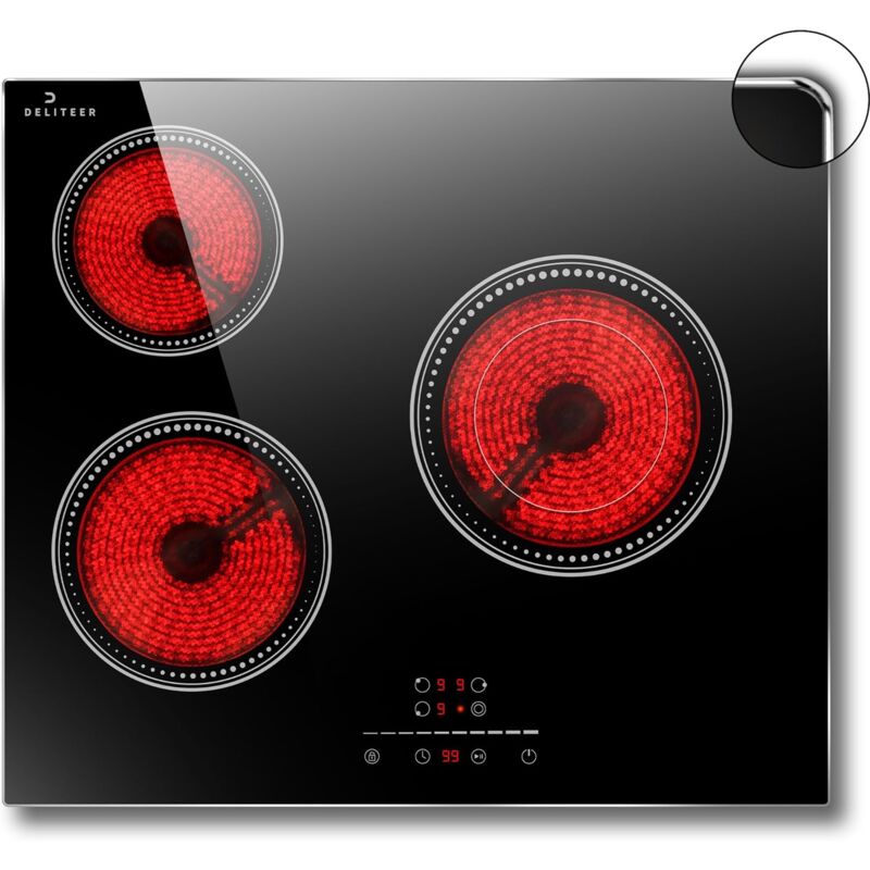 Deliteer - Plaque Vitrocéramique 3 Feux Vitrocéramique avec Cadre, 60cm Plaque de Cuisson électrique Encastrable Encastrable, 5200W, Commande Tactile
