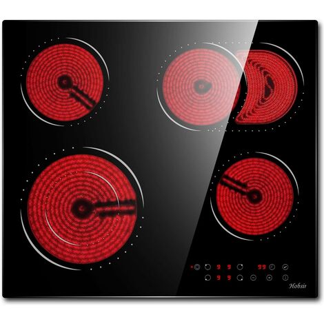 Plaque vitrocéramique 4 feux 6600W – Réglage flexible zones – Minuterie – Verrouillage sécurité – Surface en verre noir facile à nettoyer
