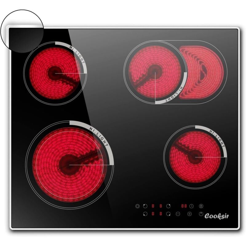Cooksir - Plaque Vitrocéramique 4 Feux, Plaque Vitrocéramique avec bord inox, 59cm, Plaque de Cuisson électrique avec Double et Feux Ovale, 6700W,