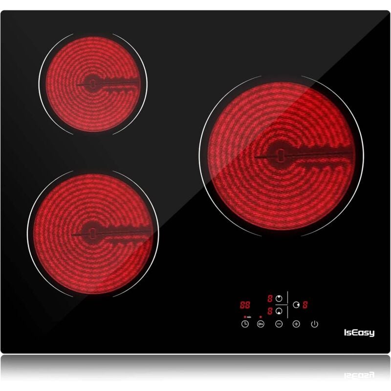 Iseasy - Plaque Vitrocéramique 3 Feux, Table de Cuisson Vitrocéramique 3 Foyers Encastrable Plaque 3 Feux- 5500W, 60cm, Autarkic, Tactile, Minuteur,