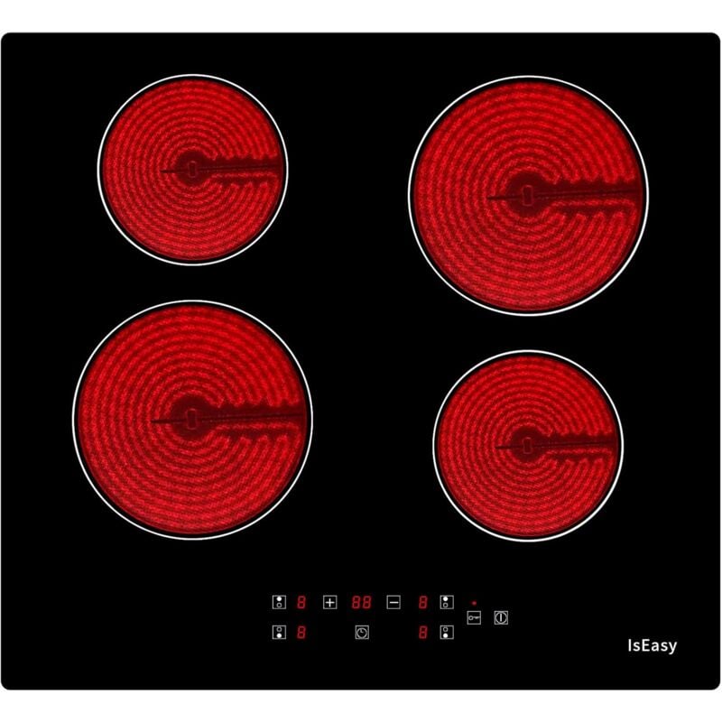 Iseasy - Plaque Vitrocéramique 4 Feuxs, Table de Cuisson Vitrocéramique 4 Foyers, Plaque de Cuisson Vitrocéramique Encastrable, Minuteur Multi-zones,