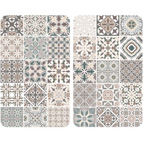 Protection de plaques cuisson "Carreaux de ciment" WENKO, Lot de 2, Couvre plaque universel, Résistant aux chocs, Hygiénique, Pieds inclus, Verre trempé, 30x52cm, Multicolore