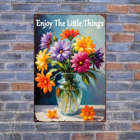 Plaques de Jardin pour l’Extérieur Décoration de Jardin Plaque Étaine Métallique Vintage Plaque « Enjoy The Little Things » (Appréciez les Petites Choses) Plaque Drôle de Fleurs Fraîches Plaques de l’