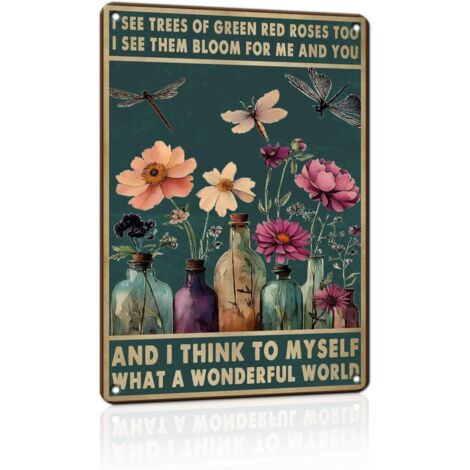 Plaques en étain vintage "Quel monde merveilleux", Art mural hippie boho, Décoration murale de libellule, Cadeaux d'encouragement pour les femmes, pour la maison, la cuisine, le salon 20x30 cm