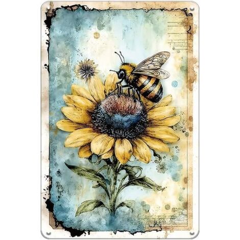 Plaques métalliques de jardin pour l'extérieur - Plaque vintage d'abeille et de tournesol, Plaques extérieures pour le patio, la cour arrière, la ferme, le jardin, le porche 20x30 cm