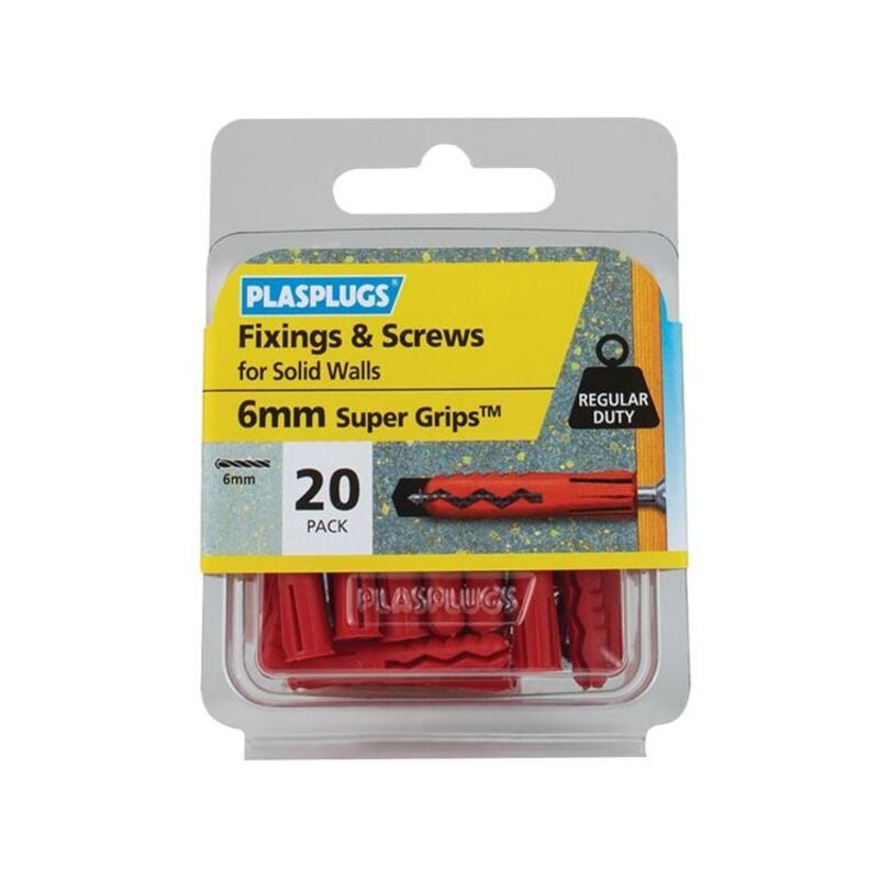 Plasplugs - Solid Wall Super Grips Fixings Red & Screws Pack of 20 PLASWRS20
